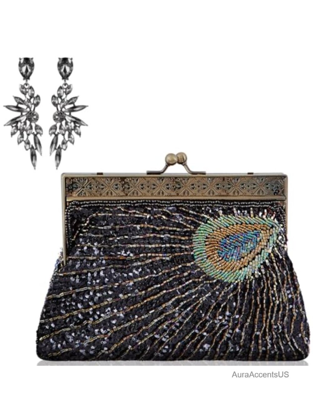 Peacock Sequin Clutch Bag and Crystal Earrings Set with Chains